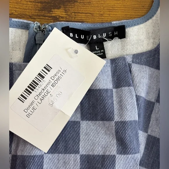 NWT Blue Blush Denim Checkered Mini Dress Size Large Square Neckline Sleeveless - Picture 3 of 9